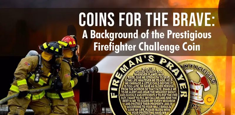 Firefighters at work beside a Fireman’s Prayer challenge coin