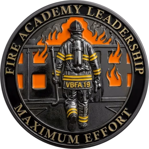 Fire Academy Leadership coin with a firefighter walking into flames
