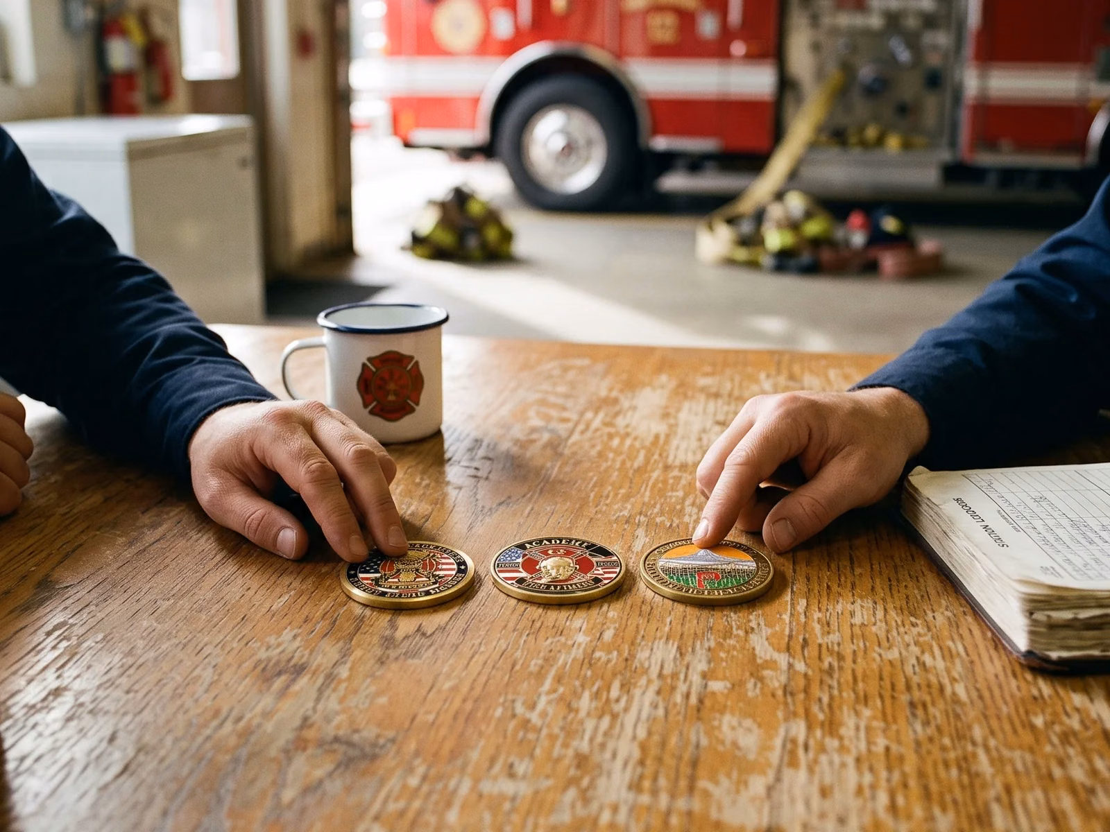 Three firefighters set their challenge coins down on a firehouse kitchen table, a fire engine in the bay behind them
