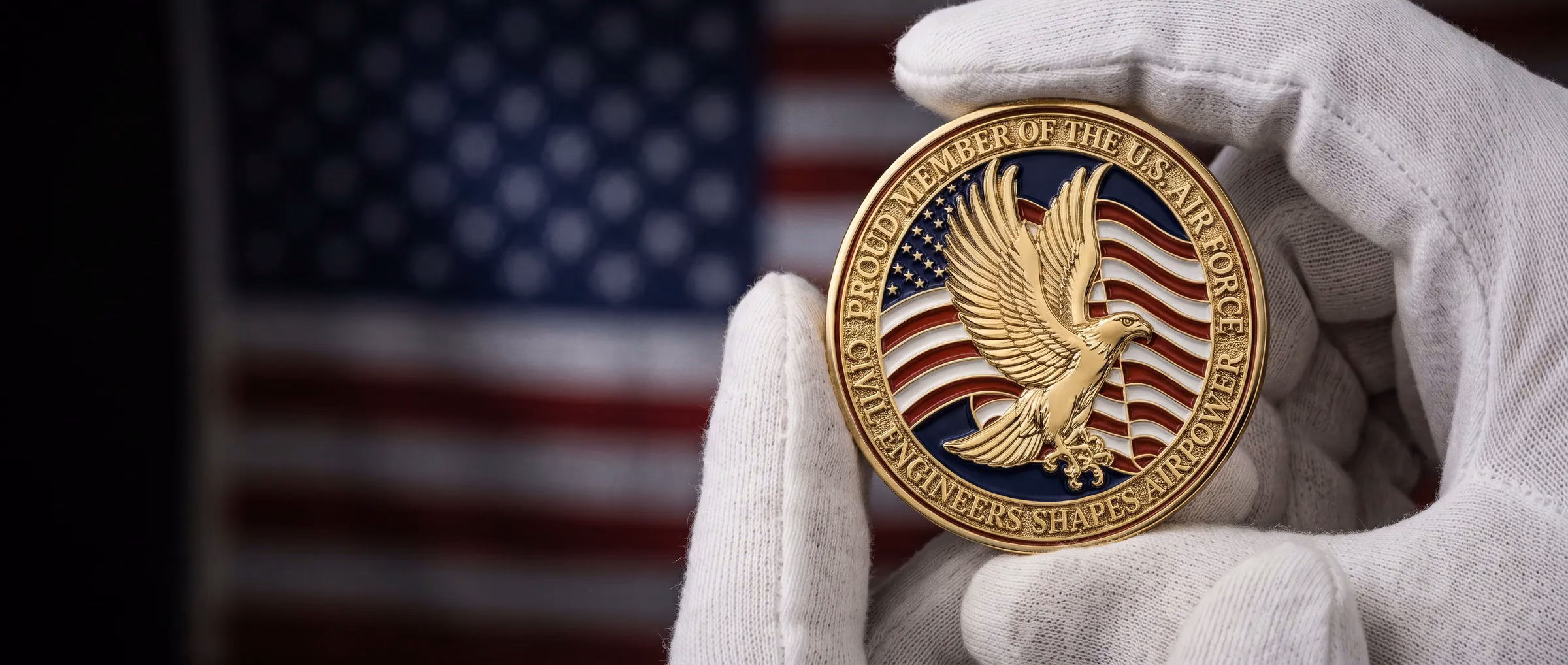 White-gloved hands presenting a gold Proud Member of the U.S. Air Force, Civil Engineers coin in front of the American flag
