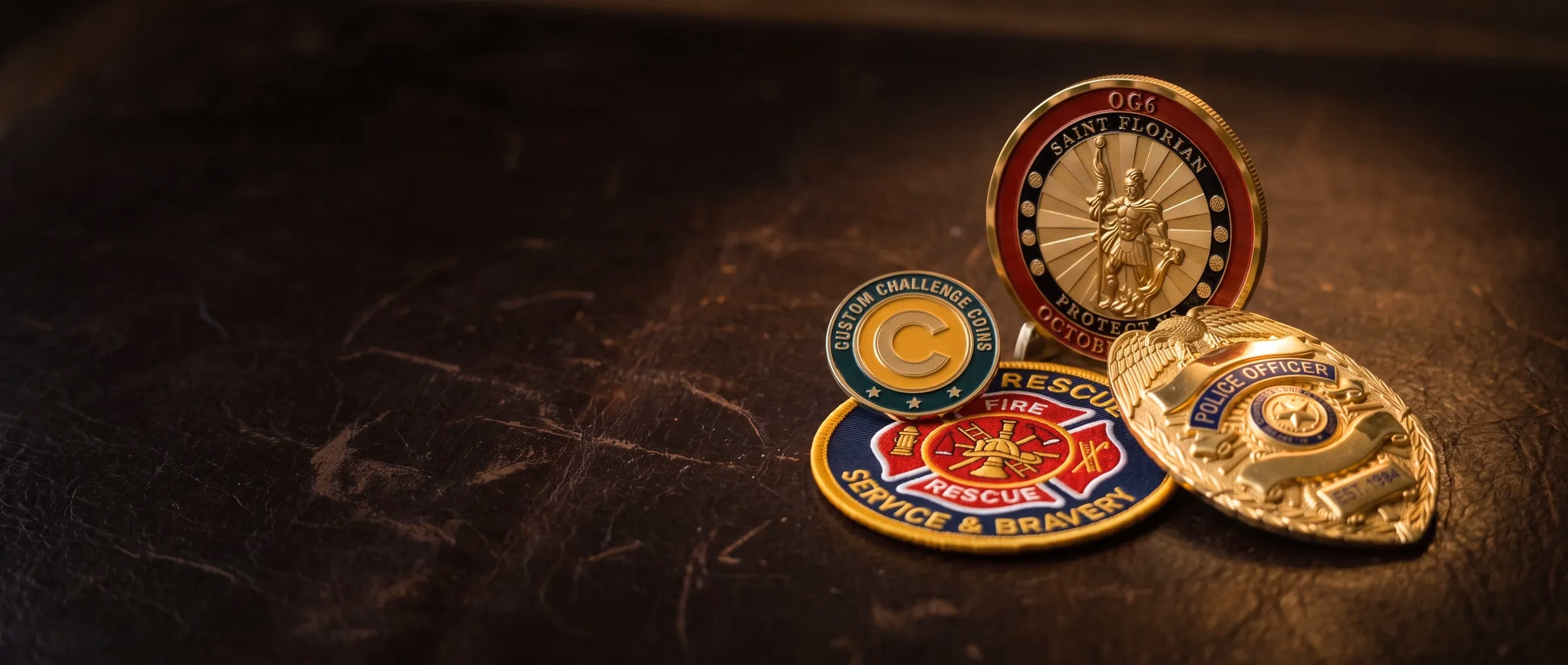 A Saint Florian challenge coin standing on a worn leather desk with a gold police officer badge, an embroidered fire rescue patch and an enamel lapel pin