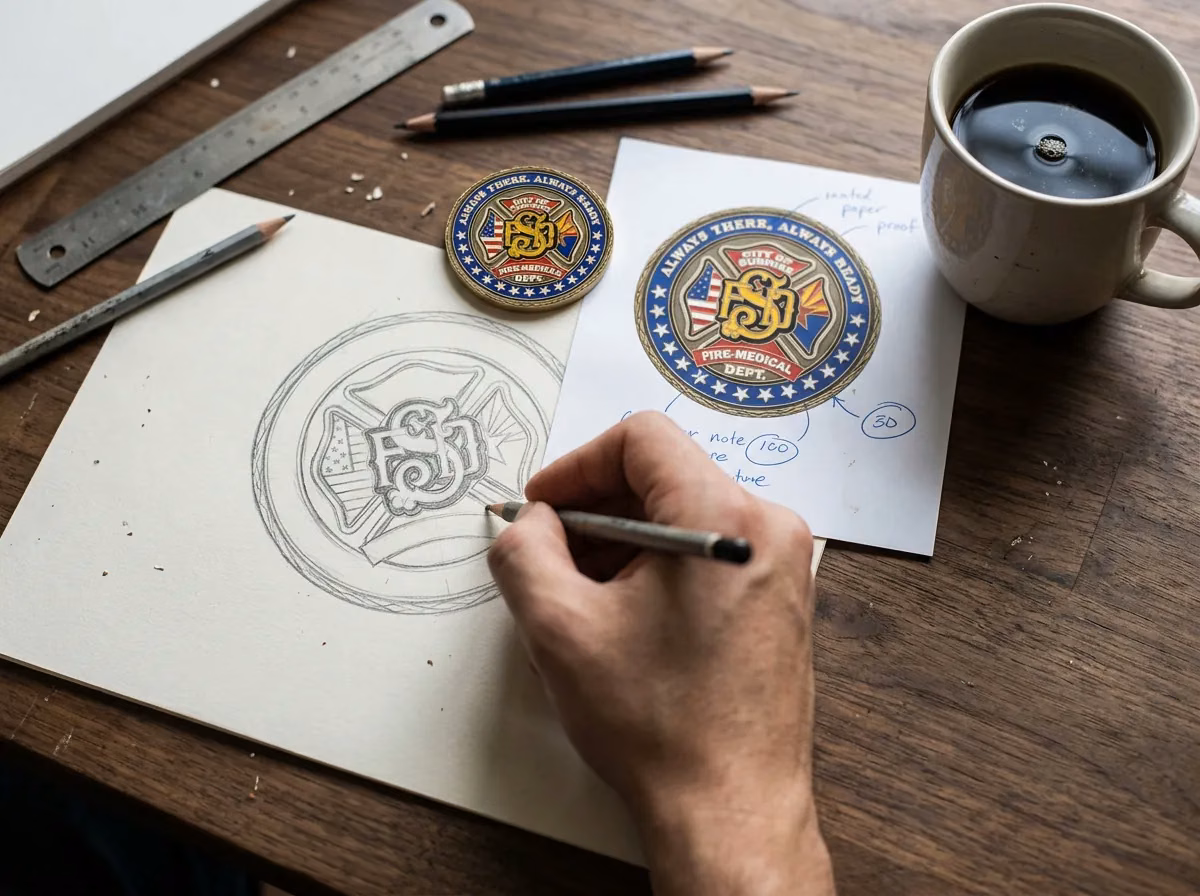 A designer sketching a fire department coin next to its printed proof and the finished coin