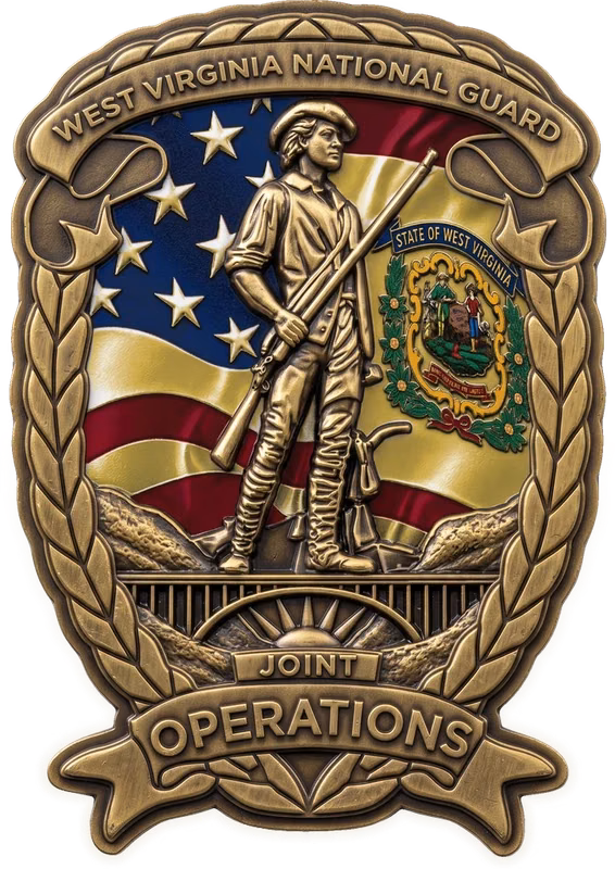 A West Virginia National Guard Joint Operations coin, a shaped antique gold shield with a minuteman and the flag, on a walnut table beside a folded American flag