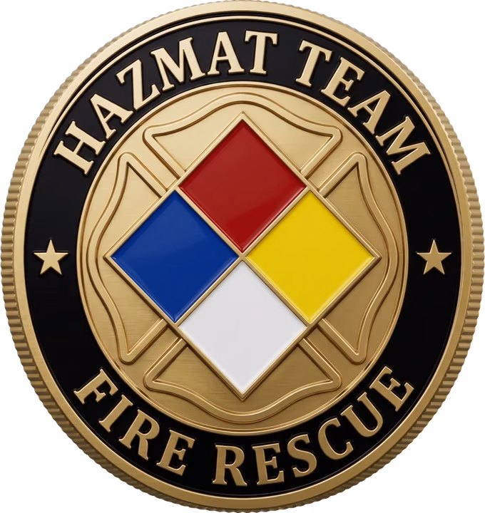 An example HazMat team coin: a hazard diamond over a gold Maltese cross