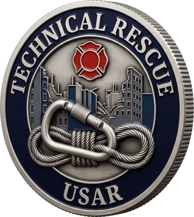 An example technical rescue coin: a carabiner and rope in front of a collapsed skyline