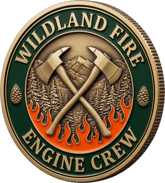 An example wildland fire coin: crossed Pulaski axes over pines and flames