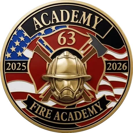 Fire Academy 63 coin with a gold helmet and crossed axes