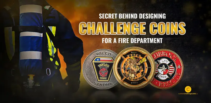 Three fire department challenge coins in front of a firefighter in turnout gear
