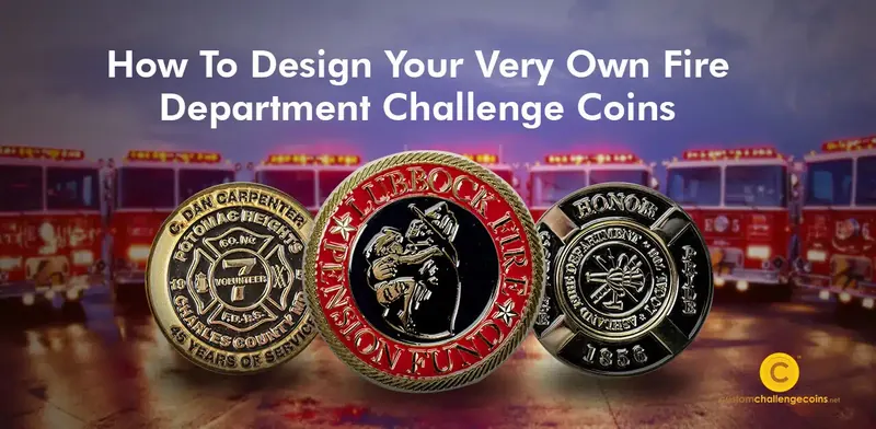 Three fire department coins in front of a row of fire engines
