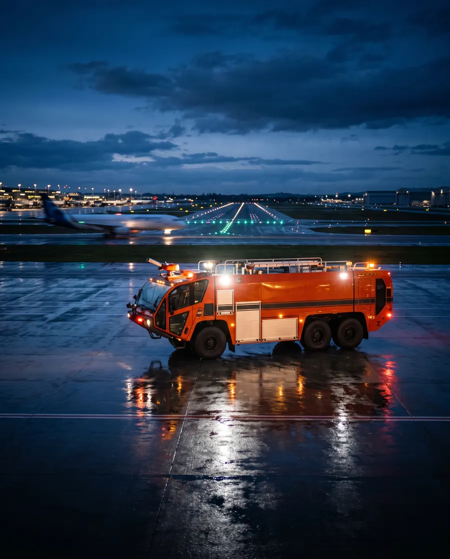 An airport rescue and firefighting truck on the apron at dusk