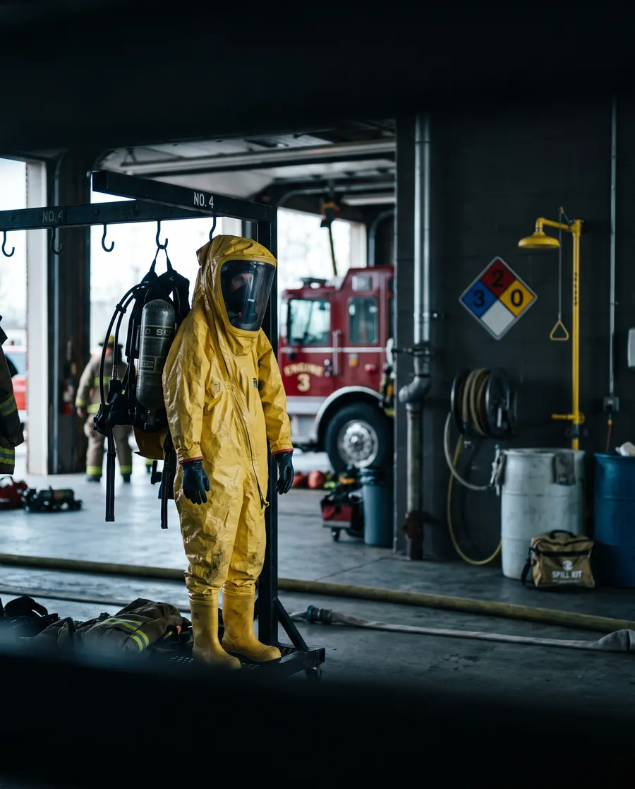 A Level A hazardous materials suit hanging in a fire station