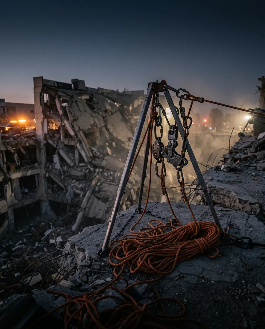 Rescue rope, carabiners and a tripod at a collapsed structure