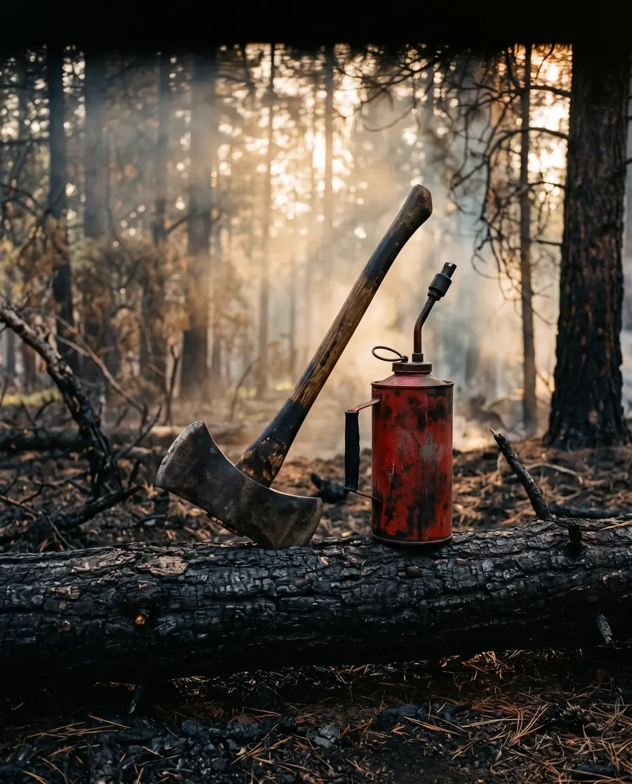 A Pulaski axe and drip torch against a charred log in a smoky forest