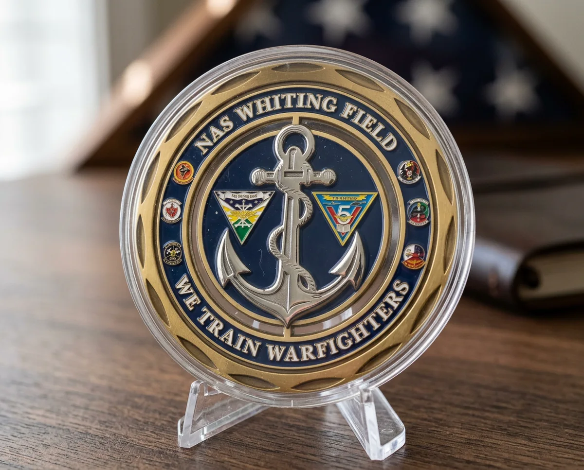 A NAS Whiting Field coin with a silver anchor on navy enamel, sealed in a clear capsule on a small display stand
