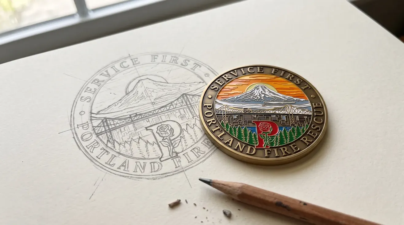 A coin resting beside the pencil sketch of its own design