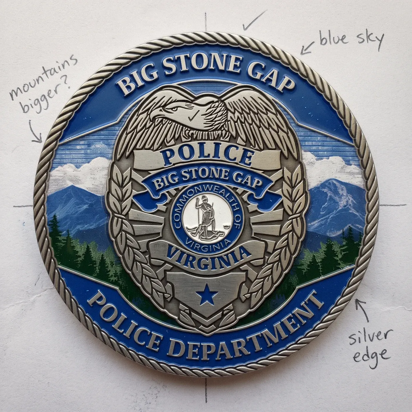 The finished Big Stone Gap Police Department coin lying on the sketch it started from