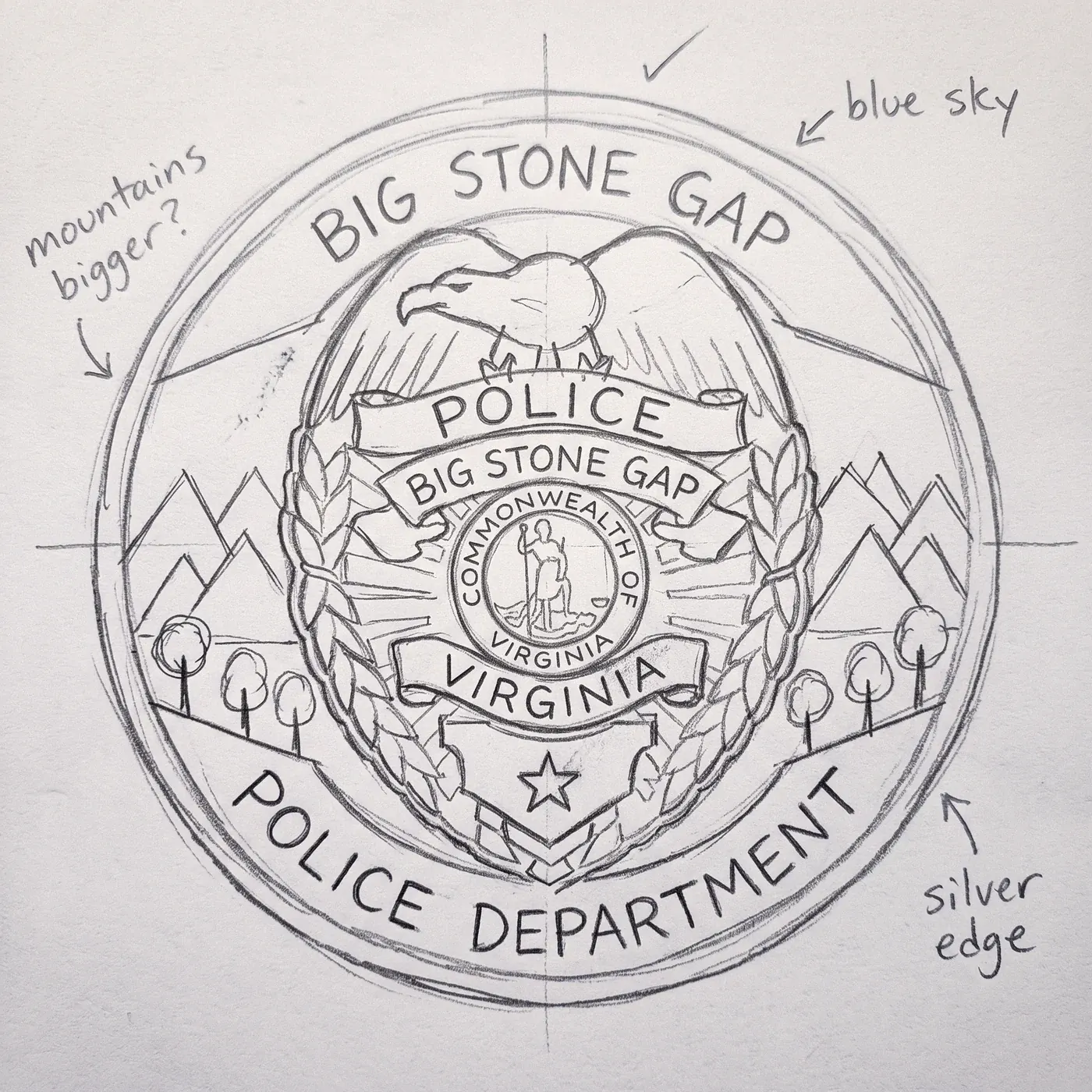 A rough pencil sketch of the Big Stone Gap Police Department coin on printer paper