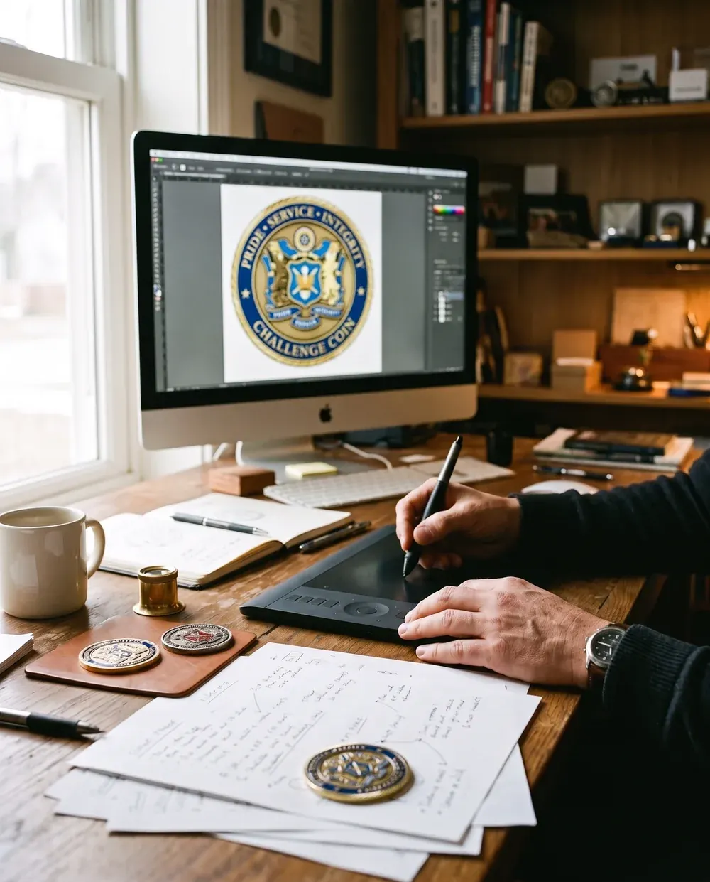 A designer drawing a coin proof on a tablet, with printed proofs and finished coins on the desk