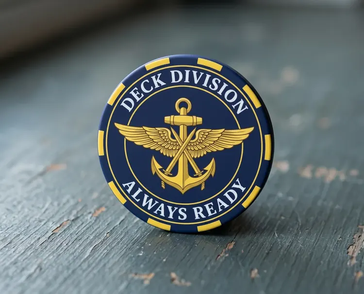 A navy ceramic coin with yellow border segments that continue onto the edge
