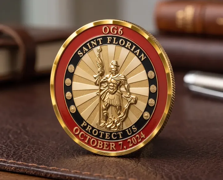A polished gold Saint Florian coin with red enamel standing on a leather desk