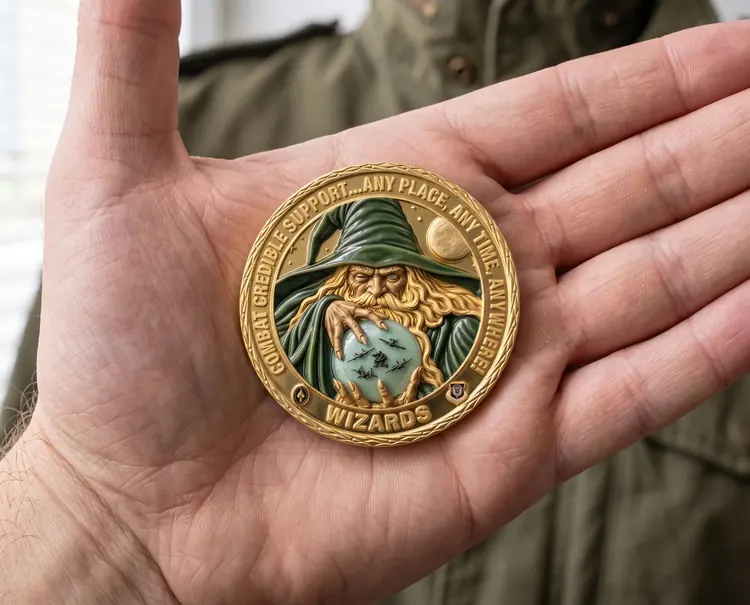 A gold wizard coin with green enamel resting in an open hand
