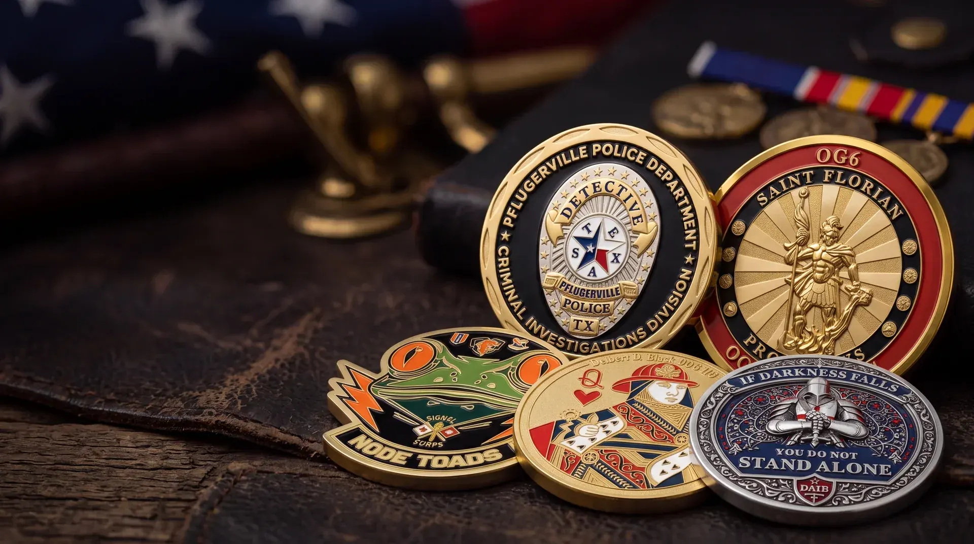Custom challenge coins on worn leather beside a folded flag and service ribbons: a Pflugerville Police detective coin, a Saint Florian coin, a firefighter queen of hearts coin and an If Darkness Falls coin