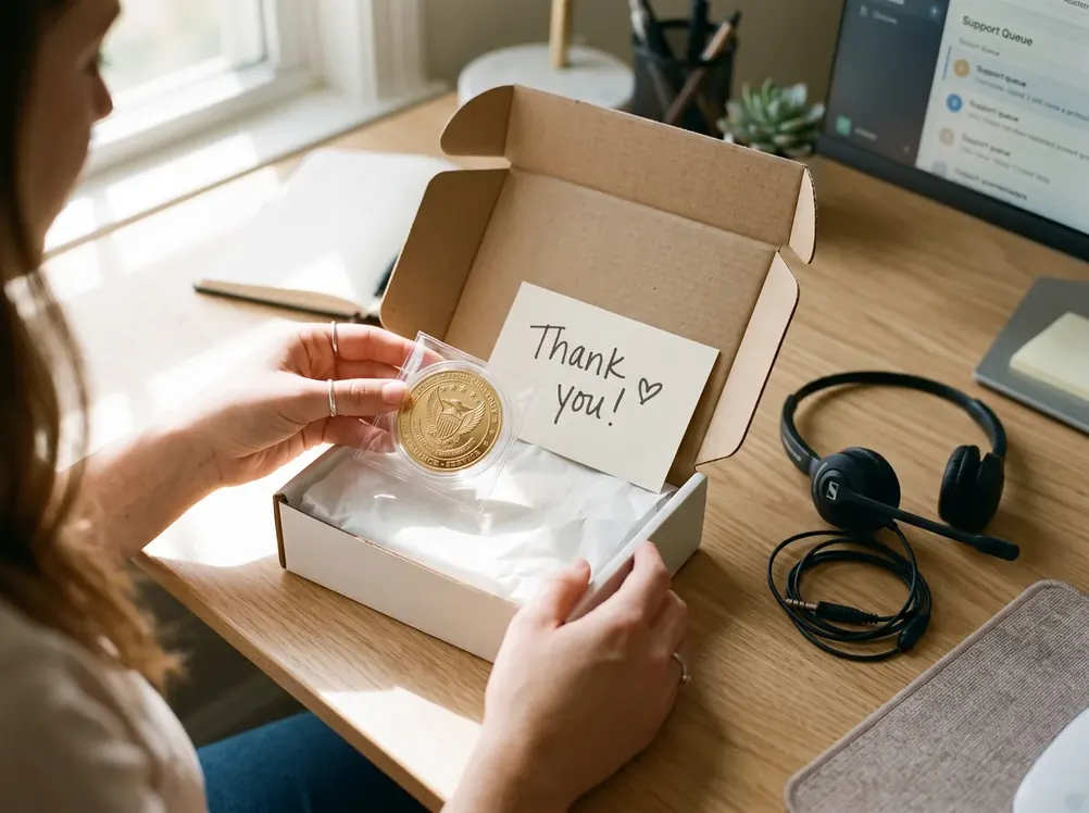 A customer care specialist packing a coin with a handwritten thank-you note