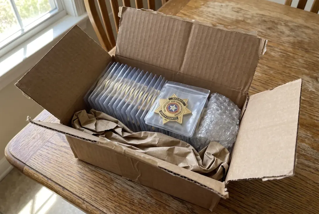 An opened shipping box of coins, each sealed in its own clear pouch