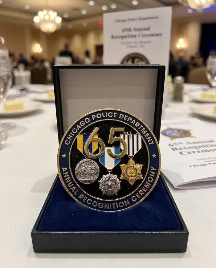 A Chicago Police Department 65th Annual Recognition Ceremony coin in a presentation box at a banquet