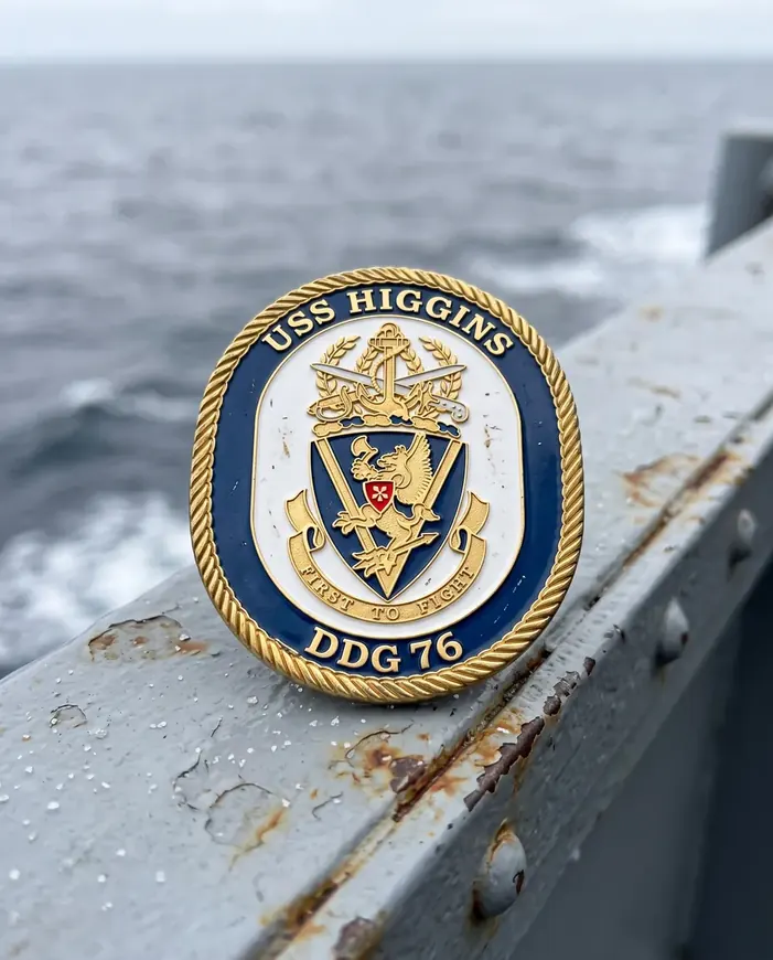 A USS Higgins DDG 76 ship’s coin standing on a weathered steel rail over the sea