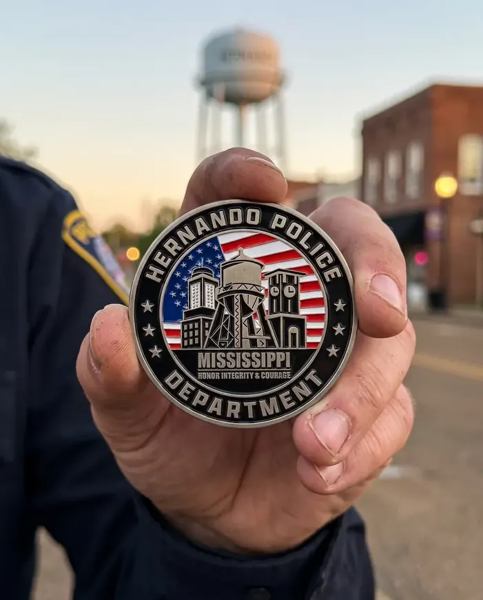 A Hernando Police Department coin held up in front of the town water tower at dusk