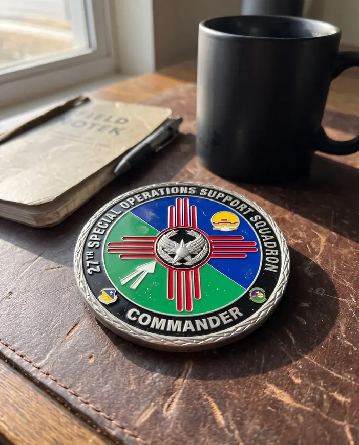 A 27th Special Operations Support Squadron commander coin on a leather desk pad beside a notebook and a mug