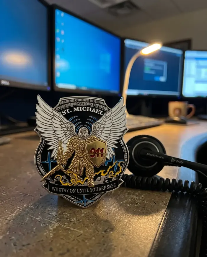 A winged 911 communications center coin standing on a dispatcher’s console beside a headset