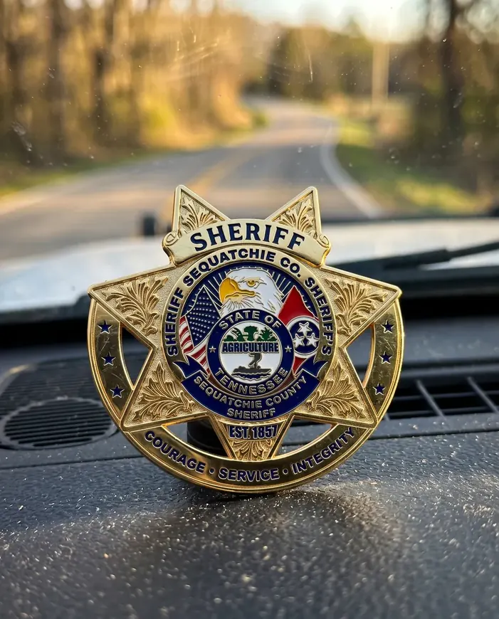 A star-shaped Sequatchie County Sheriff coin on a patrol car dashboard