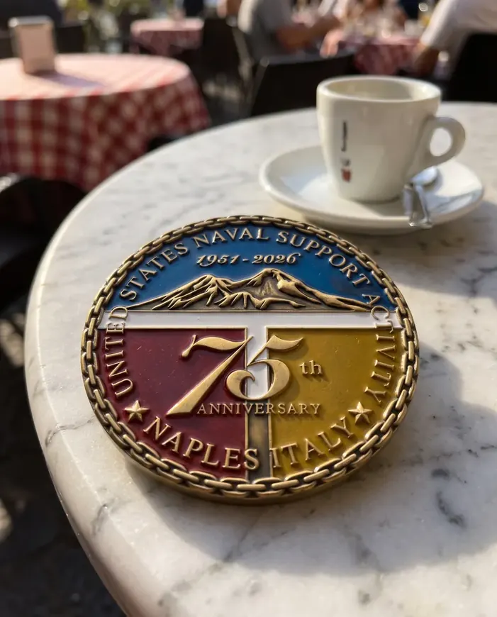 A Naval Support Activity Naples 75th anniversary coin on a marble café table beside an espresso cup