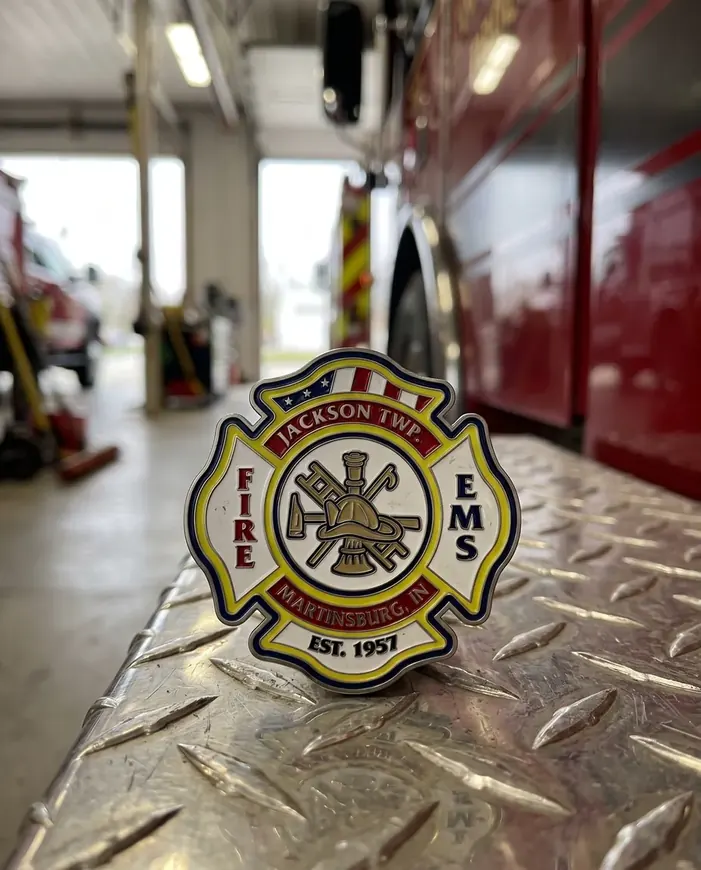 A Jackson Township Fire and EMS Maltese cross coin on the diamond plate of a fire engine