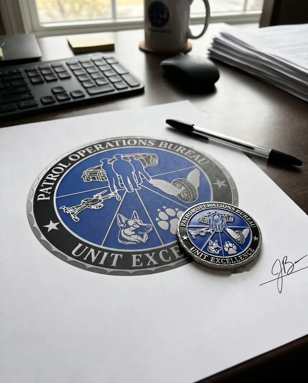 A coin lying on its signed paper proof on a desk